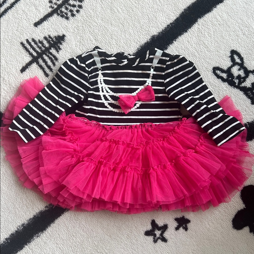 Gently Used  Little Me Black & White Striped Top with Hot Pink Tulle Dress